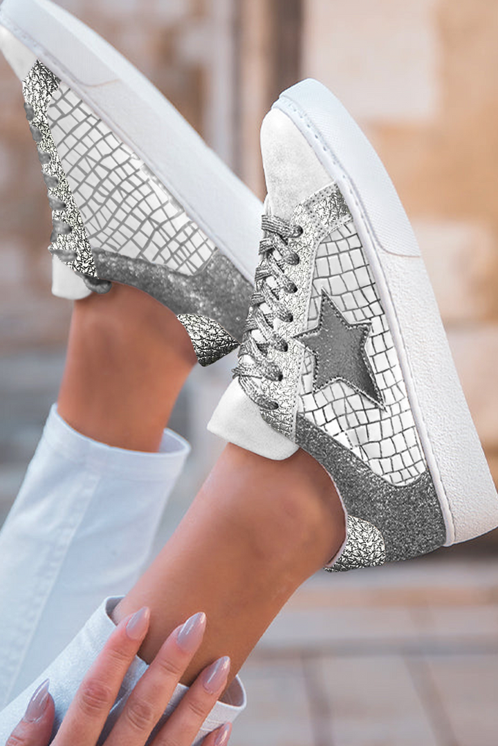 Glitter Star Patchwork PU Leather Lace-up Sneakers