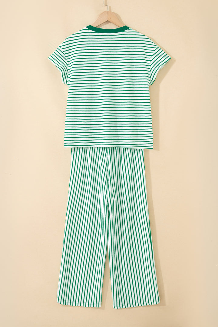 Green Stripe Crew Neck Tee Drawstring Waist Cropped Pants Set