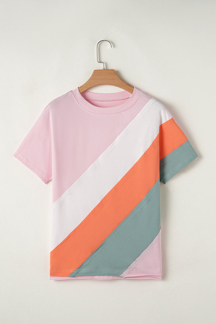 Color Block Patchwork Seamed Crewneck T Shirt