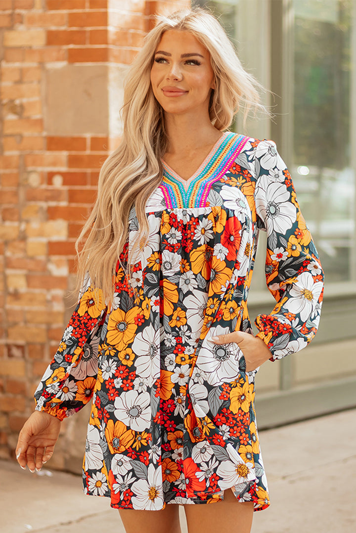 Floral Print Striped Lace V Neck Long Sleeve Mini Dress