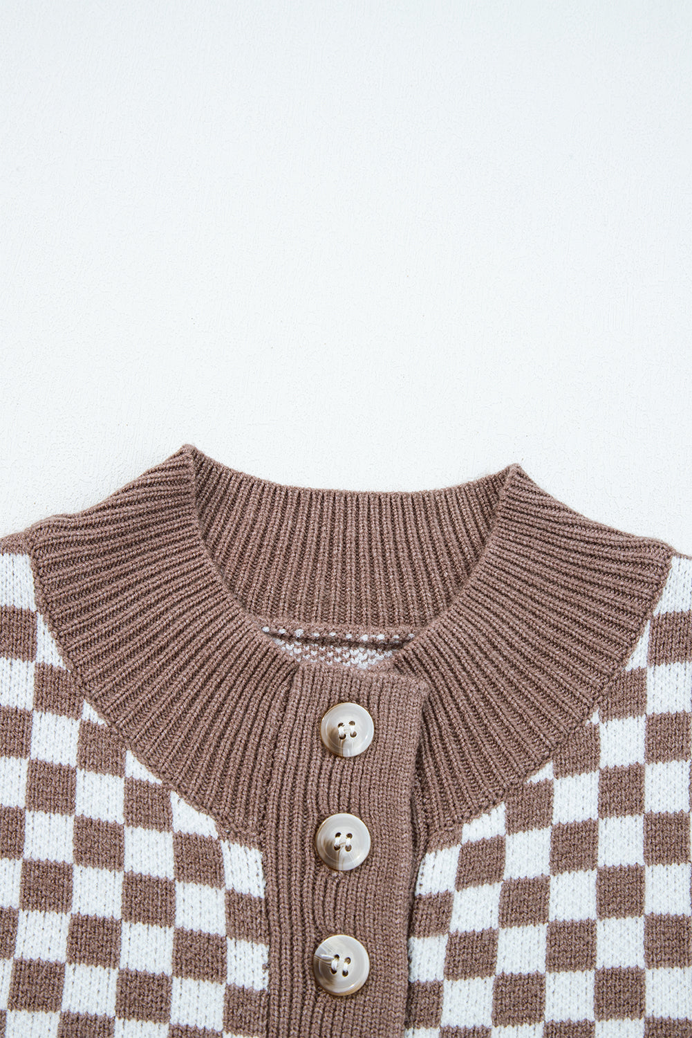 Half Button Ribbed Trim Checkerboard Knit Sweater