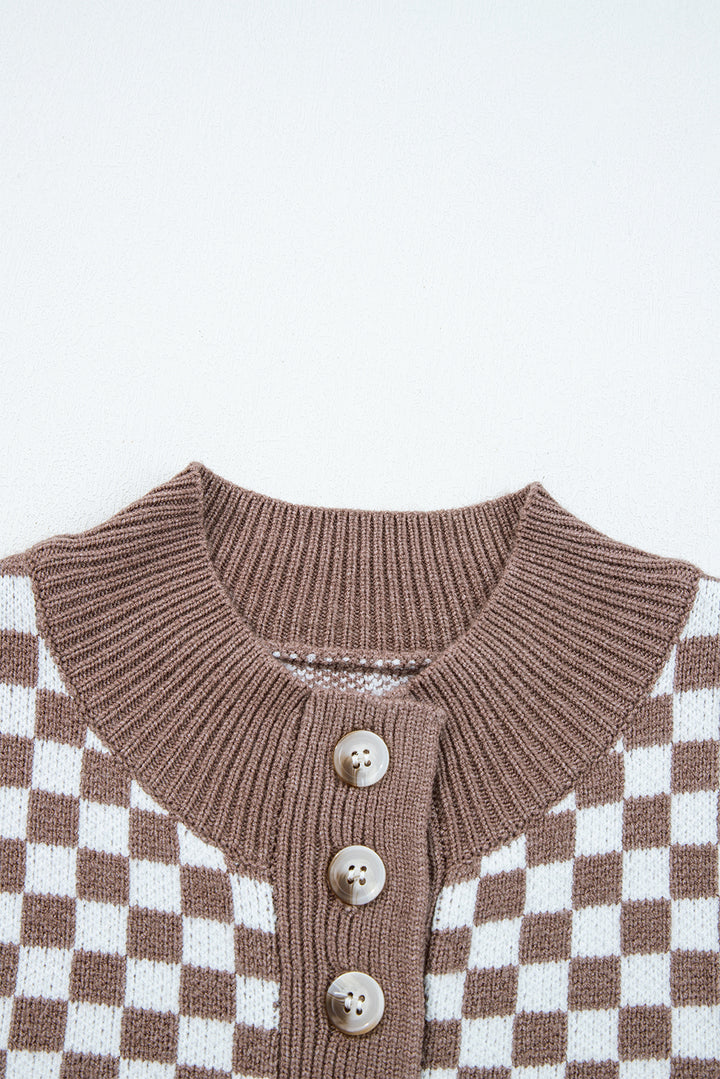 Half Button Ribbed Trim Checkerboard Knit Sweater