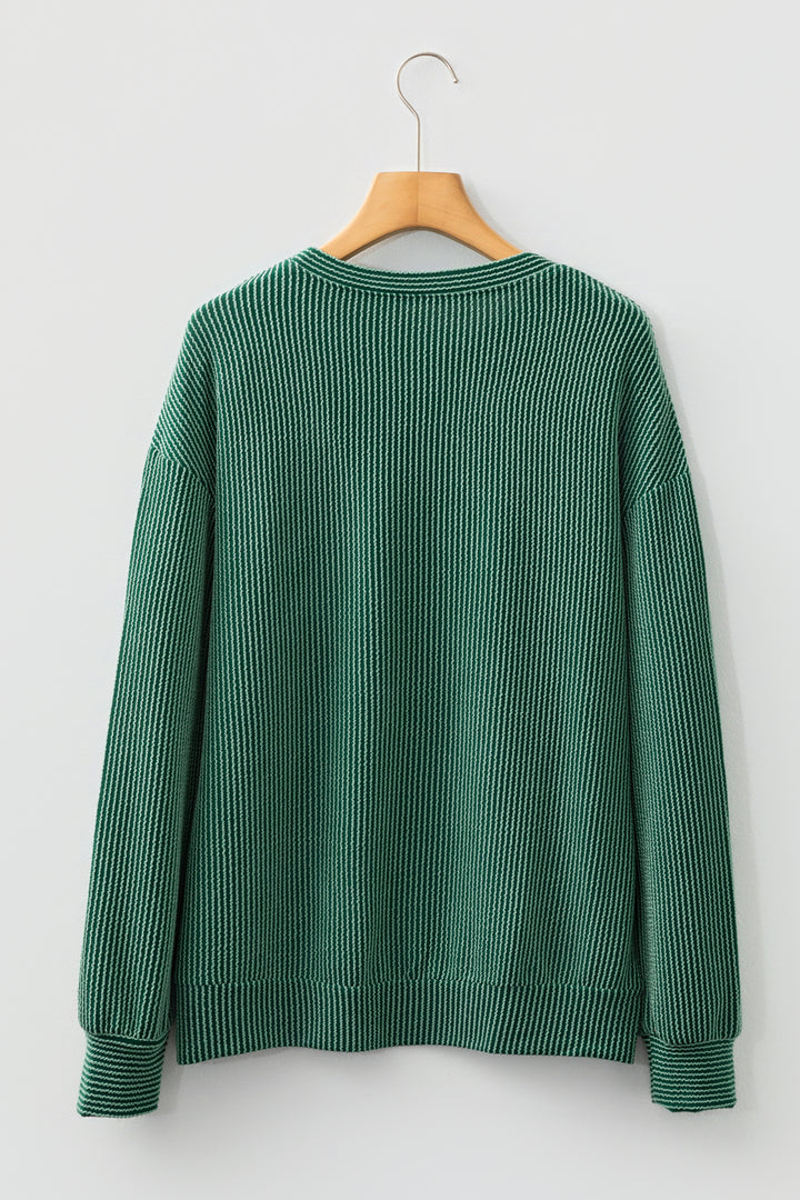Blackish Green Twisted Rib Outlined Merry Letter Graphic Loose Long Sleeve Top