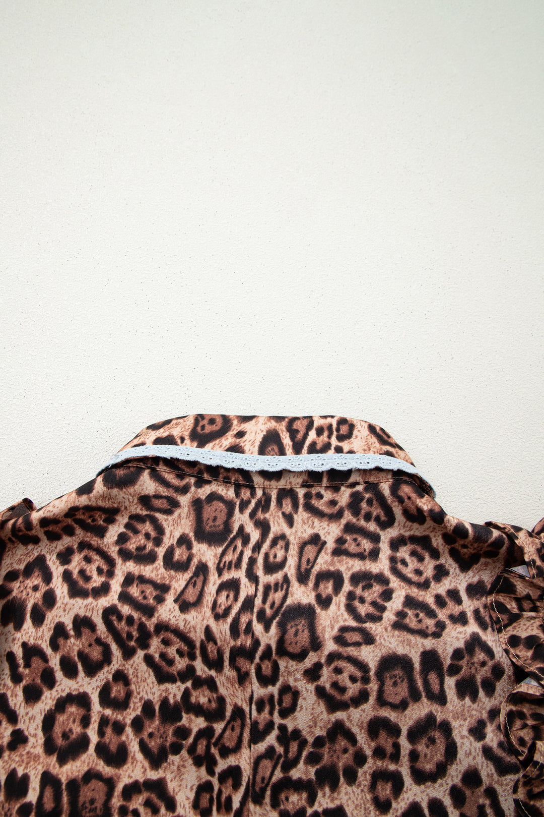 Khaki Leopard Print Lace Trim Shirt Collar Button Down Loose Mini Dress