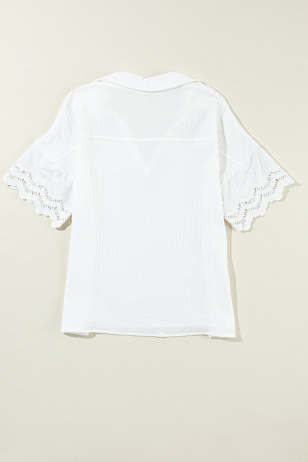 Crinkled Lace Splicing Sleeve Collared V Neck Blouse