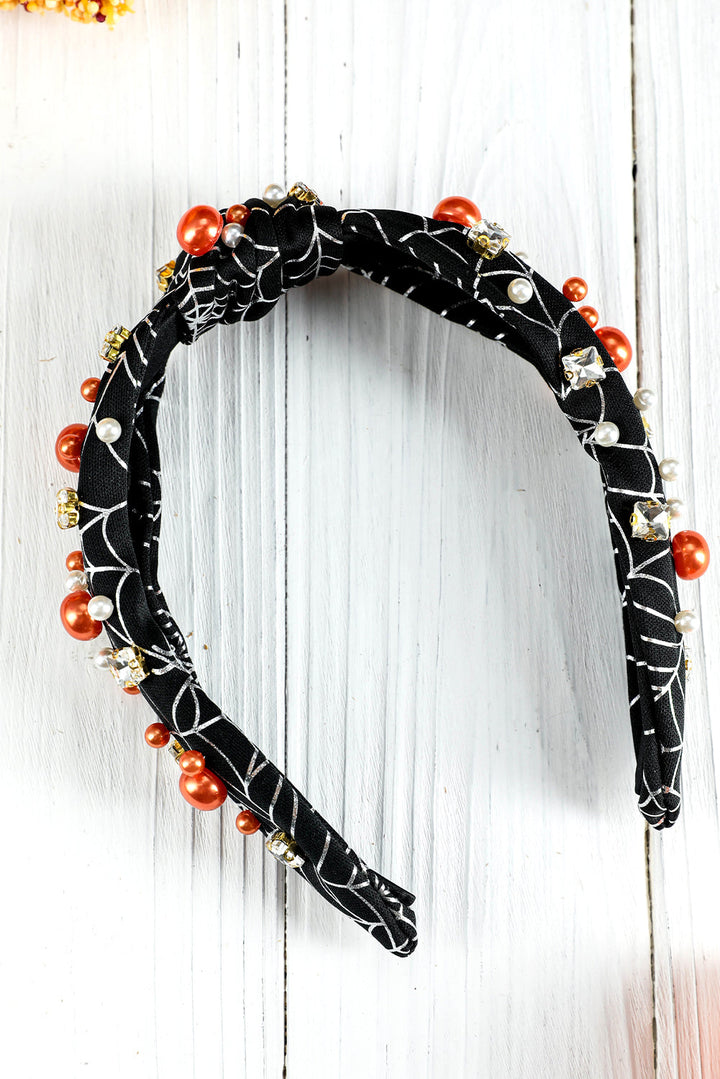 Pearled Rhinestone Knotted Spiderweb Halloween Headband