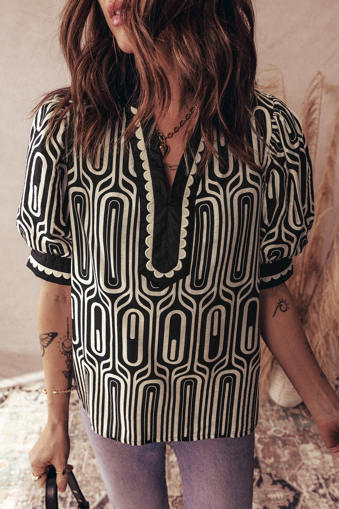 Geometric Print Contrast Scallop Color Block Patchwork Short Sleeve Blouse