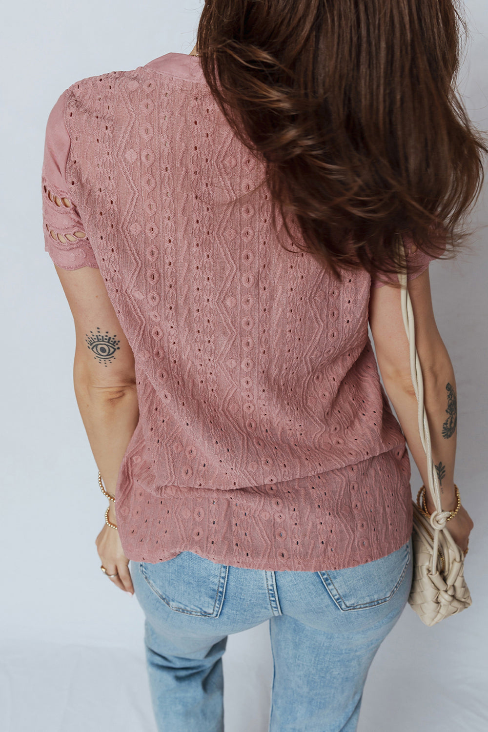 Textured Embroidered Half Buttons Short Sleeve Blouse