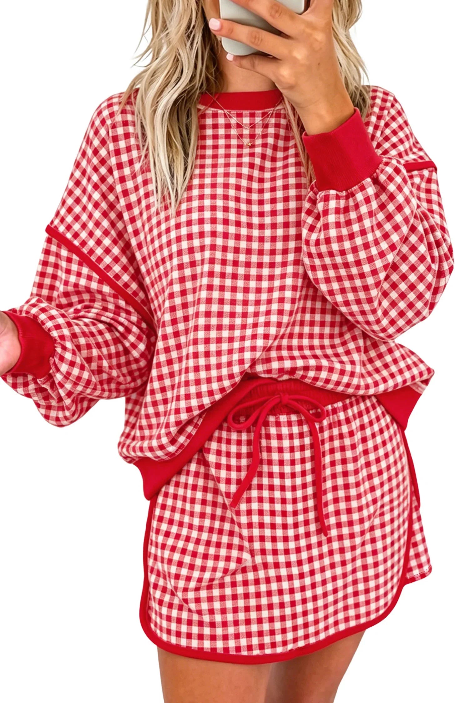 Red Gingham Oversized Ribbed Trim Crew Neck Long Sleeve Top and