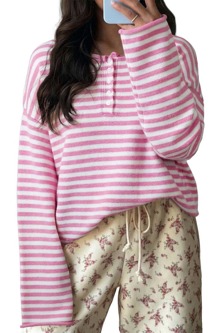 Pink Stripe Striped Button Placket Drop Shoulder Long Sleeve Sweater