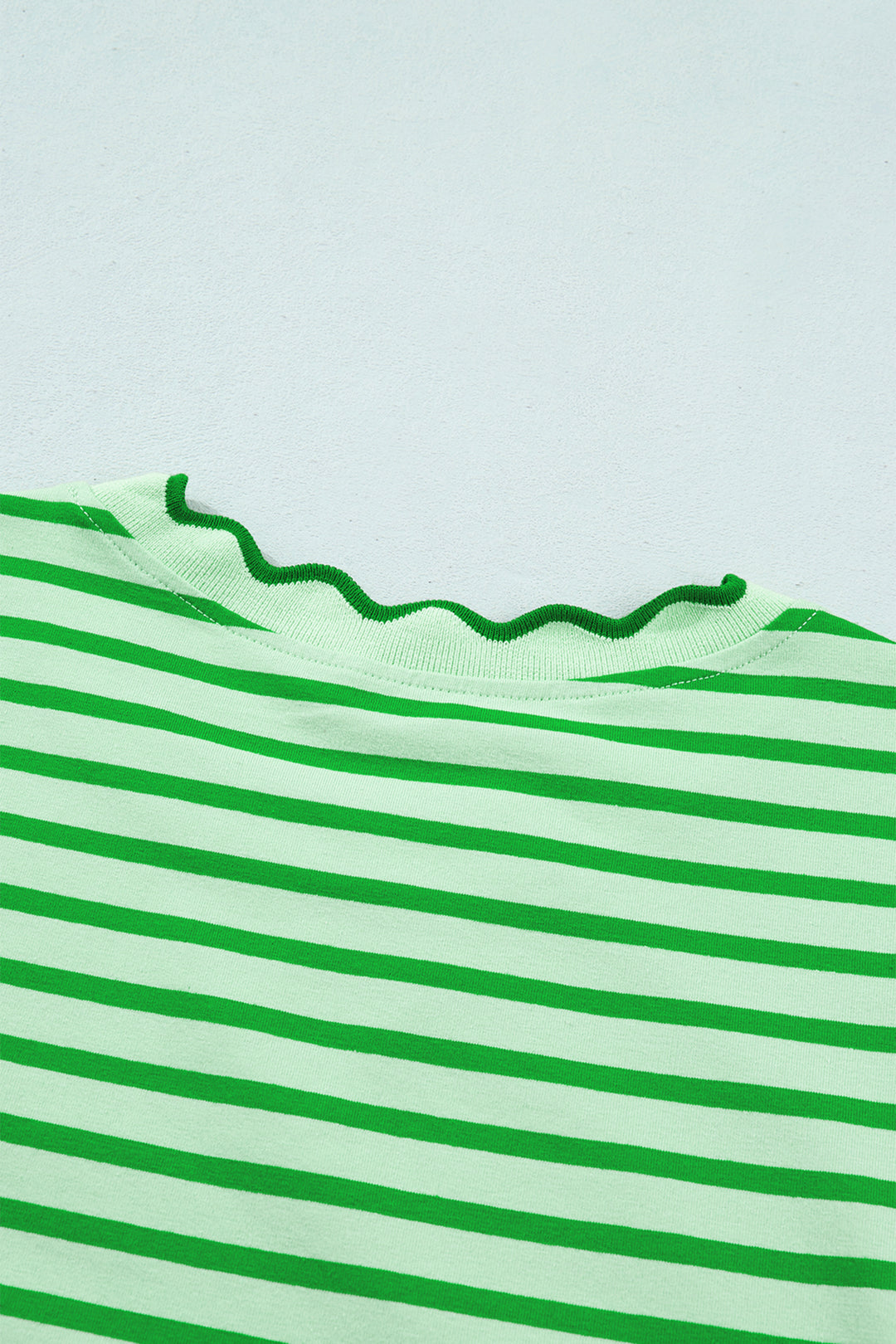 Green Stripe Scalloped Trim Round Neck T Shirt