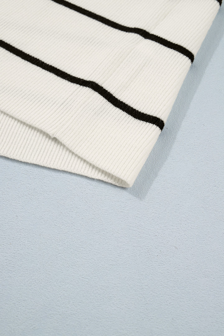 White Stripe Ribbed Knit Half Sleeve Loose Sweater Tee