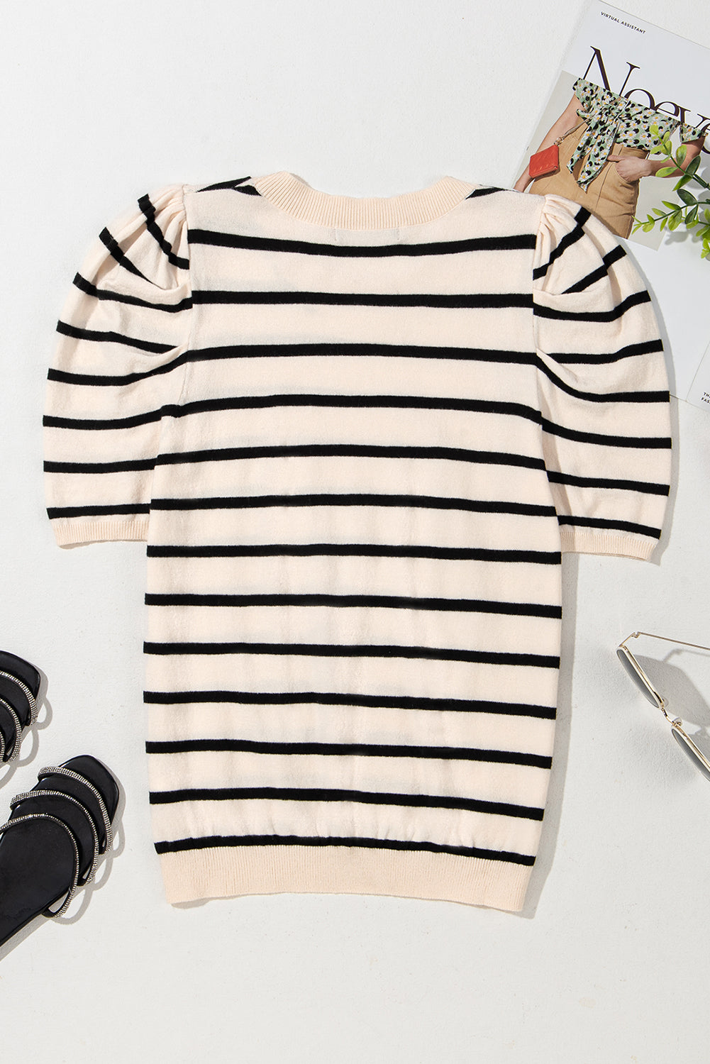 Black Stripe Ribbed Trim Knitted Top