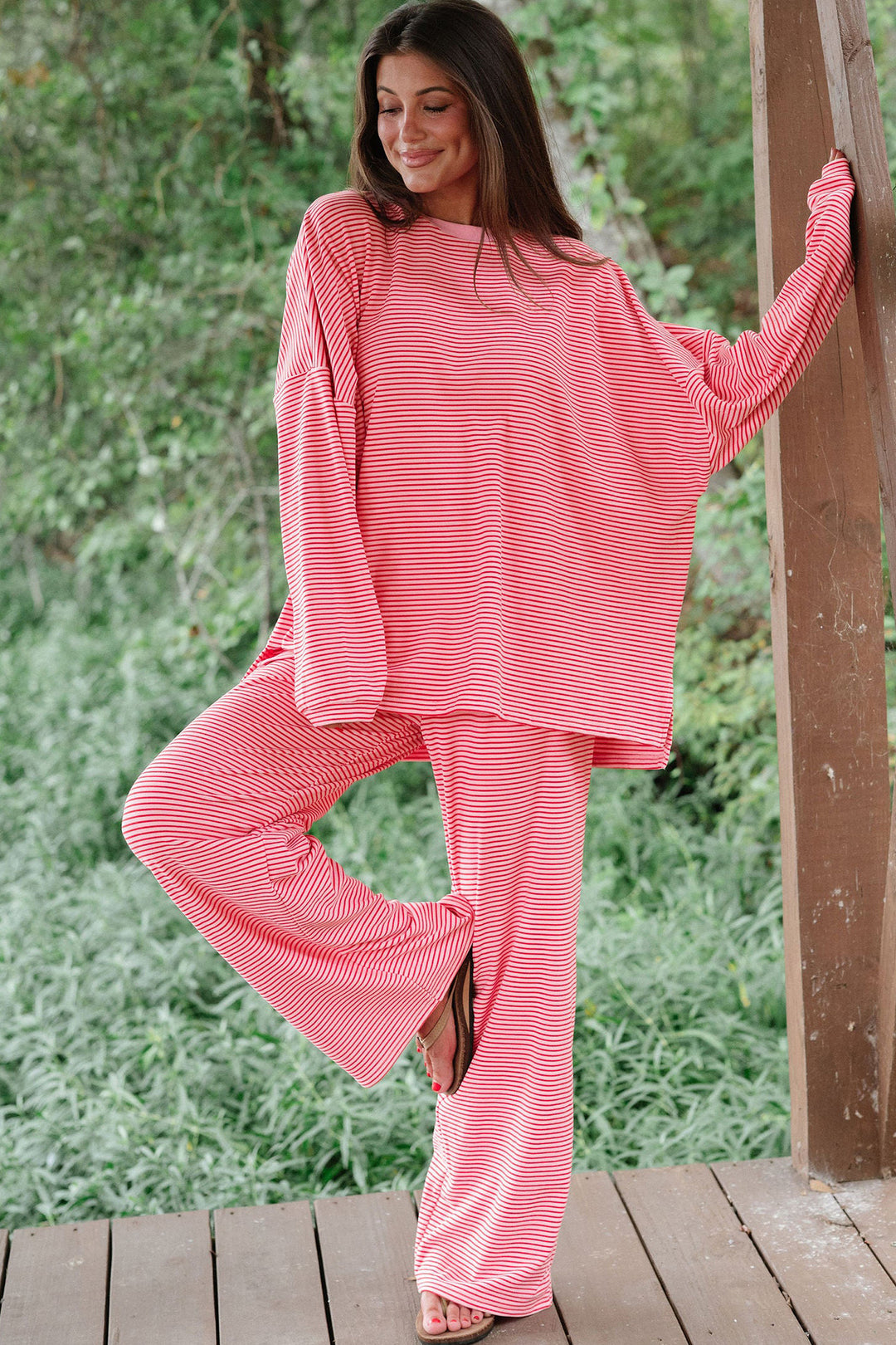 Pink Stripe Contrast Trim Round Neck Oversize Long Sleeve Top 2pcs Pant Set