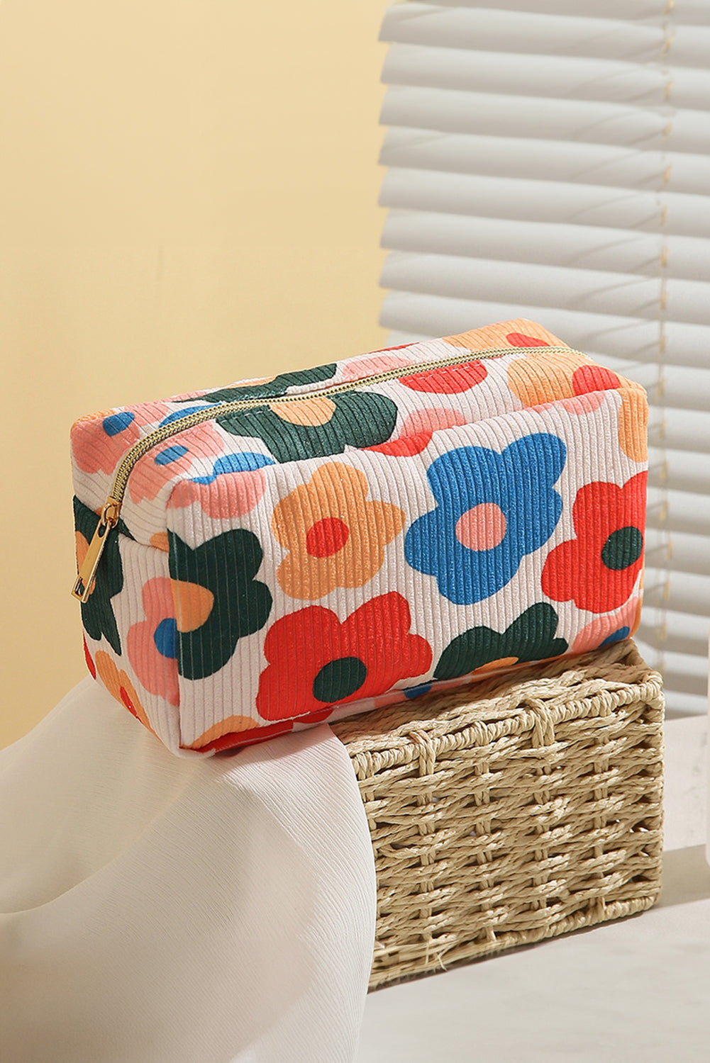 Flower Print Zipper Square Corduroy Cosmetic Bag