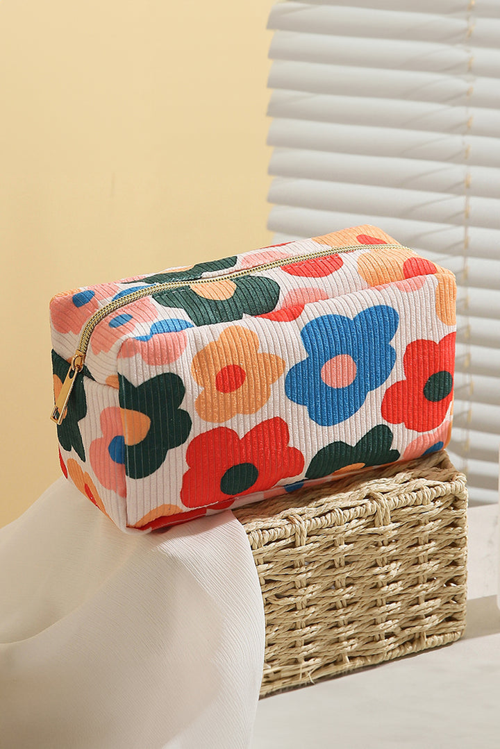 Flower Print Zipper Square Corduroy Cosmetic Bag