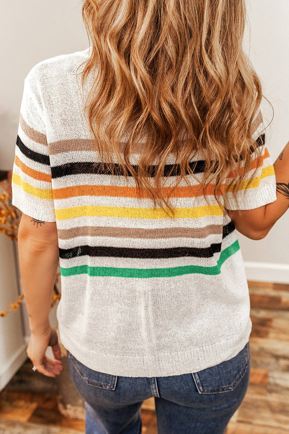 Striped Pocketed Loose Fit Crewneck Knitted T Shirt