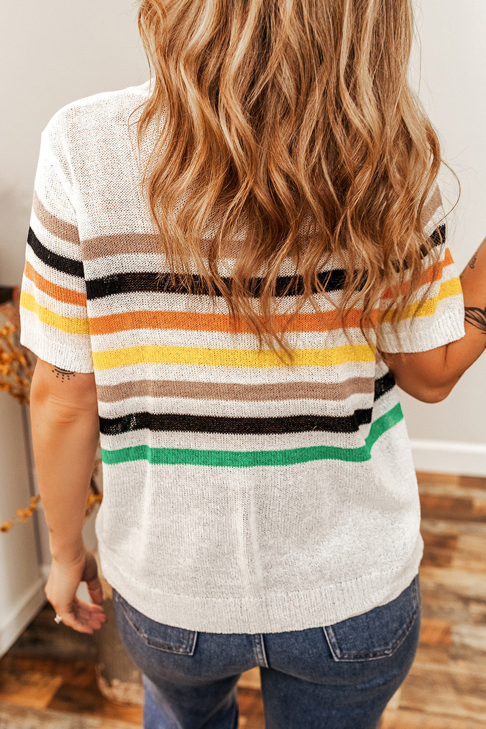Striped Pocketed Loose Fit Crewneck Knitted T Shirt