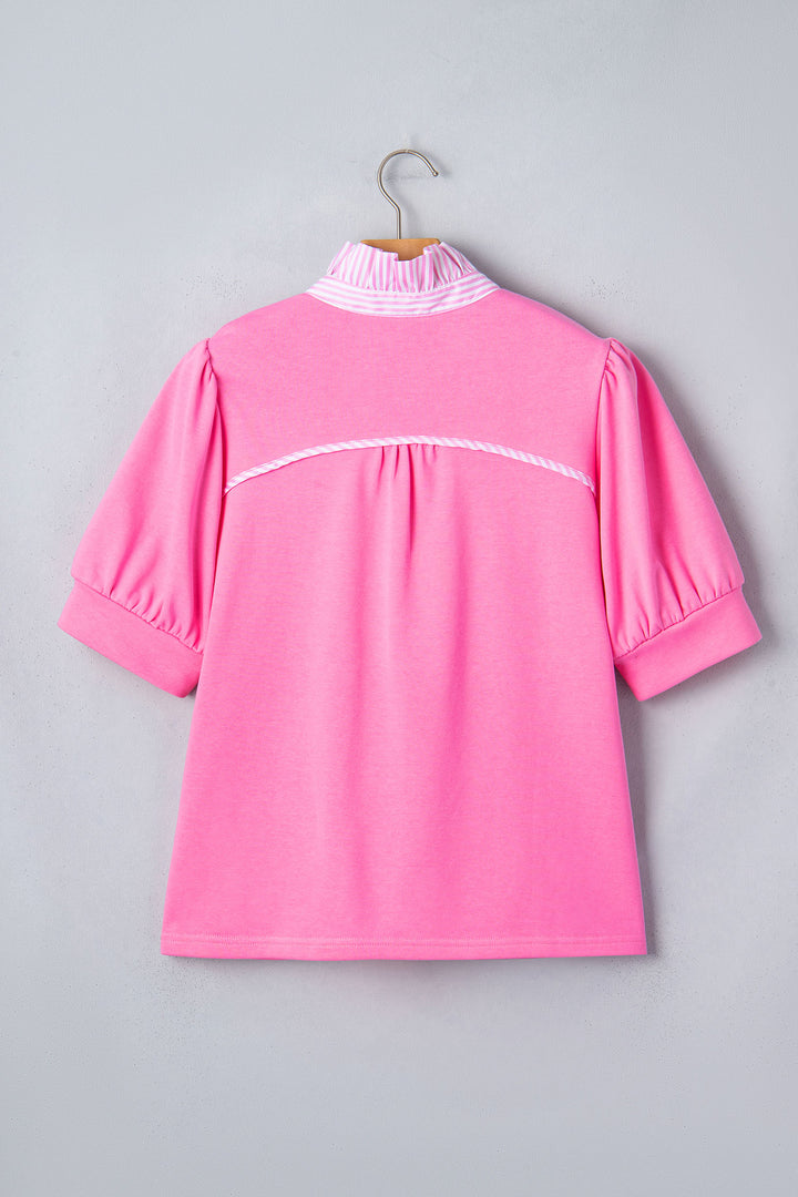 Sachet Pink Striped Frilled Collar Short Sleeve Blouse
