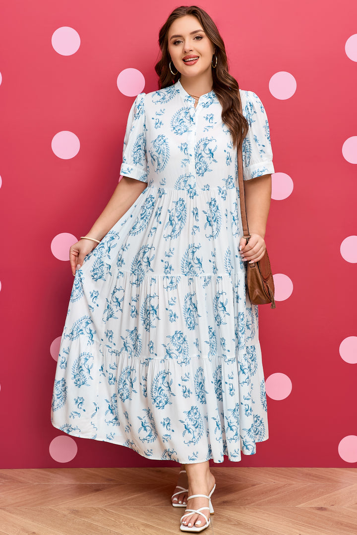 Sky Blue Plus Size Geometric Floral Print Short Sleeve Maxi Dress