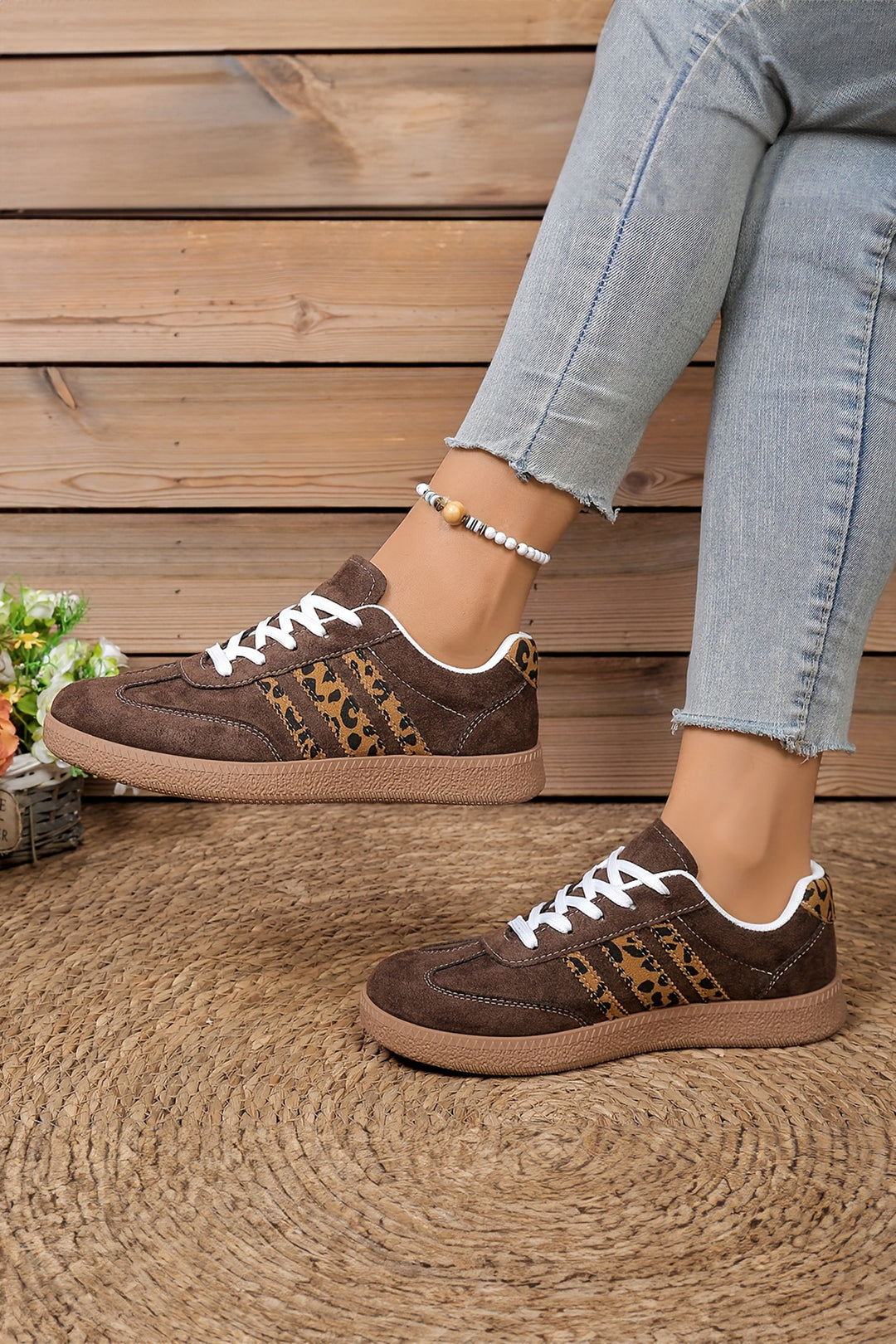 Contrast Lace-up Leopard Patchwork Detail Faux Suede Shoes