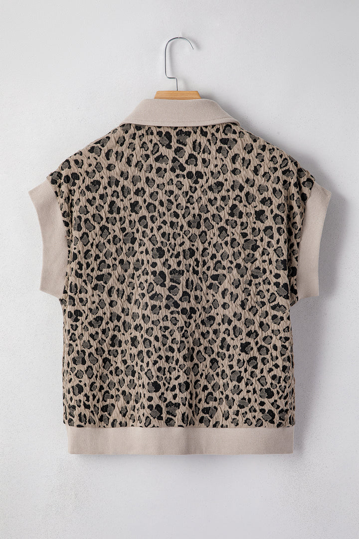 Zip up Collared Leopard Cap Sleeve Top