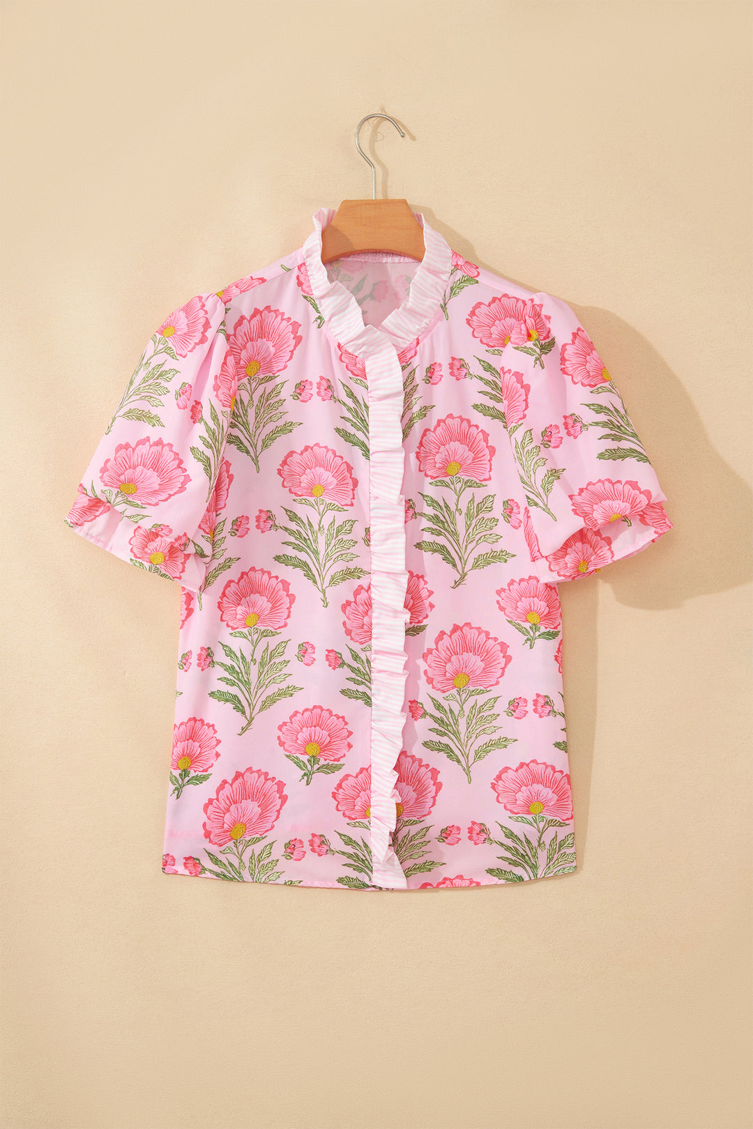 Pink Sweet Blooms Ruffle Striped Trim Puff Sleeve Shirt