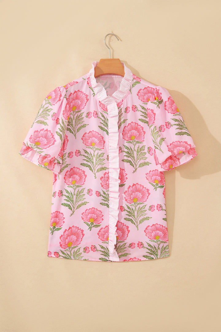 Pink Sweet Blooms Ruffle Striped Trim Puff Sleeve Shirt