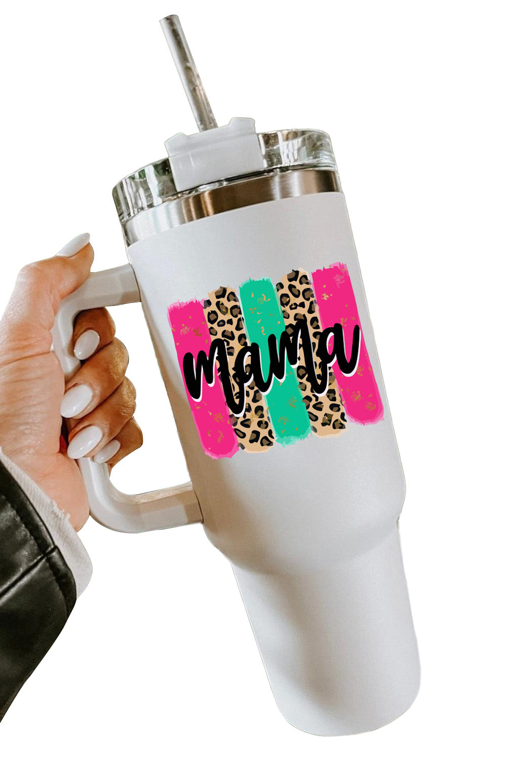 Tasse portable à anse colorée Mama Leopard 40 oz
