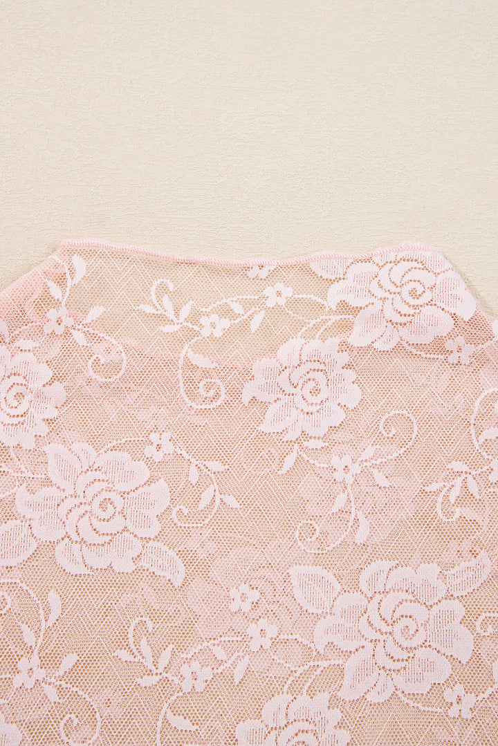 Apricot Pink Sheer Floral Lace Mesh Mock Neck Long Sleeve Top