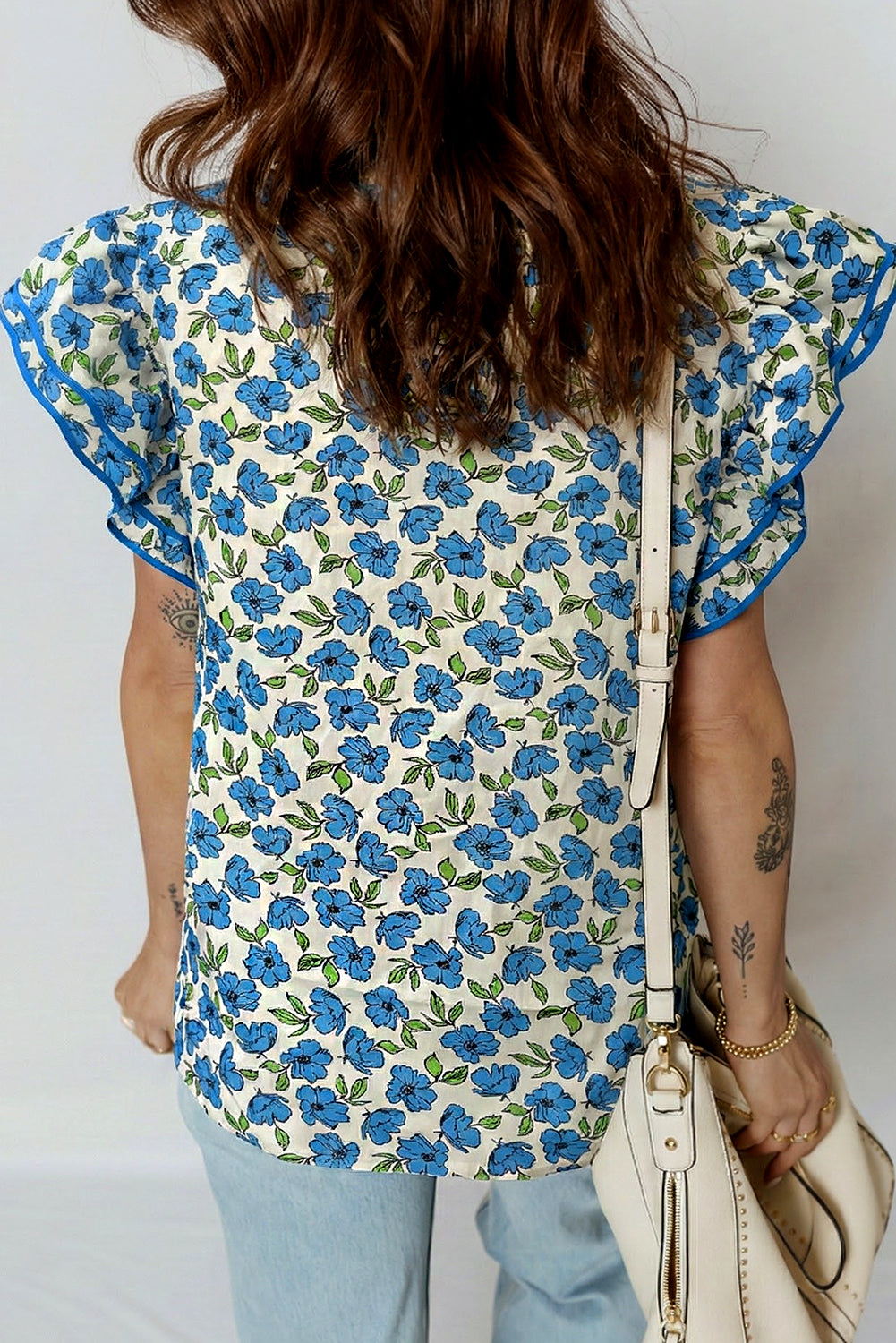Tiered Flutter Sleeve Pleated Flower Blouse
