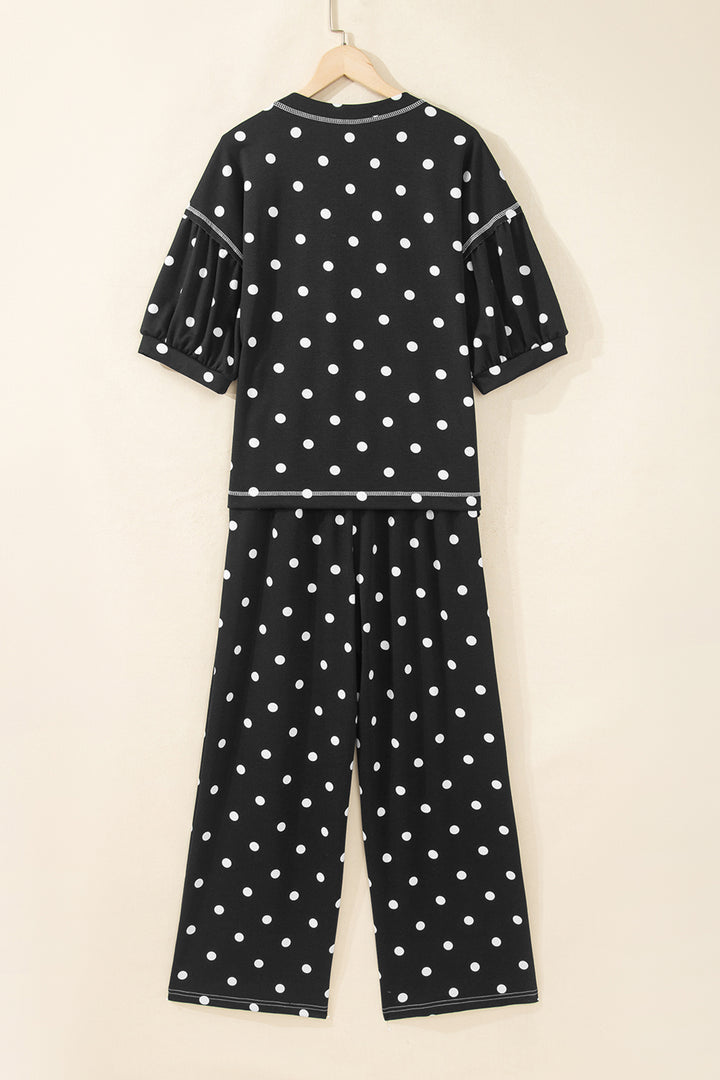 Black Polka Dot Half Sleeve Loose Top Elastic Waist Casual Pants Set