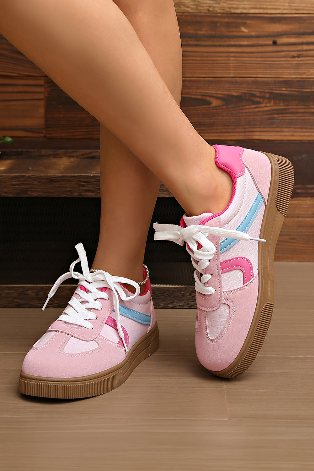 Color Block PU Leather Patchwork Lace Up Flat Shoes