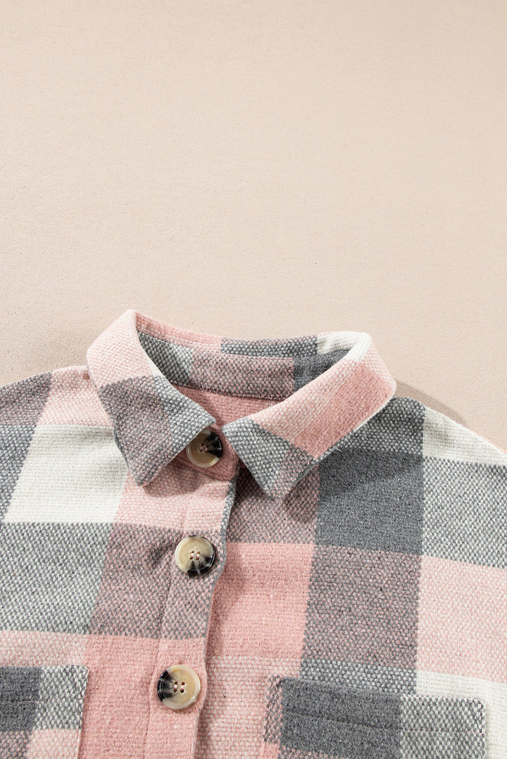 Pink Gray Plaid Color Block Buttoned Long Sleeve Jacket with Pocket