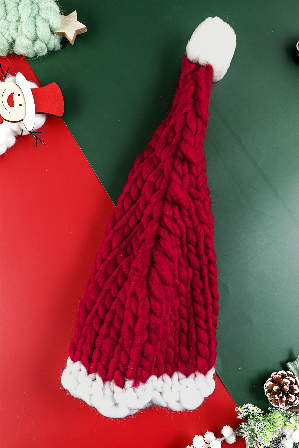 Color Block Pom Pom Decor Chunky Knitted Christmas Hat