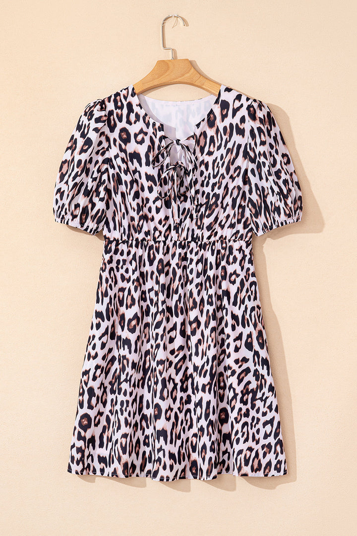 Leopard Tied Front Keyhole Puff Short Sleeve Mini Dress