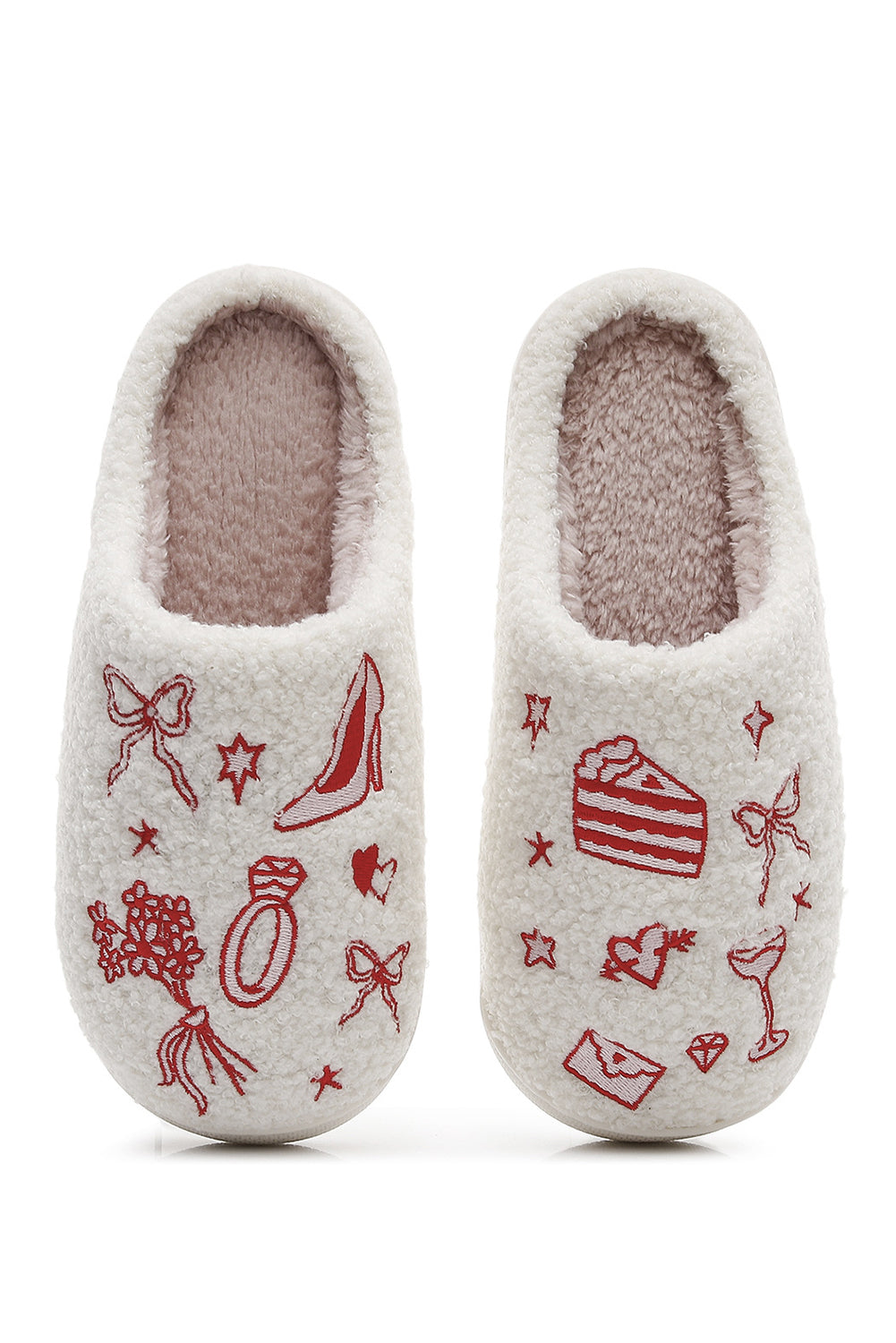 Plush Asymmetric Wedding Doodles Embroidered Slippers