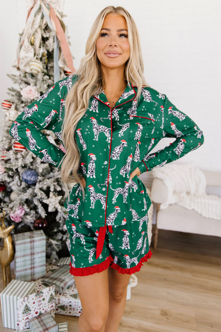 Green Long Sleeve Dog Print Two Piece Shift Lounge Set