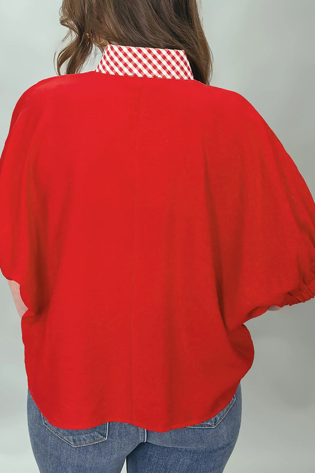 Red V Neck Plaid Collar Short Sleeve Tunic Blouse