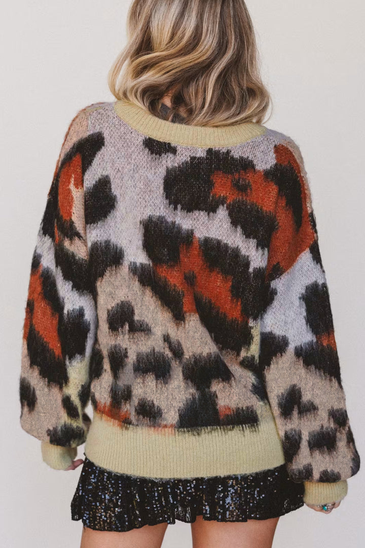 Khaki Leopard Print Long Sleeve Round Neck Sweater