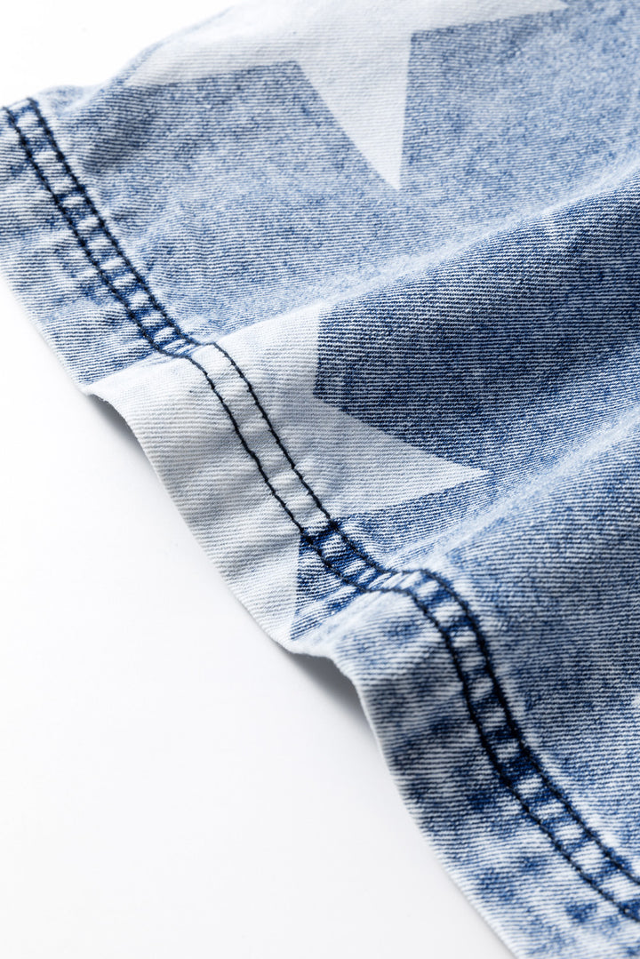 Light Blue Star Print Light Wash Drawstring Elastic Waistband Wide Leg Jeans