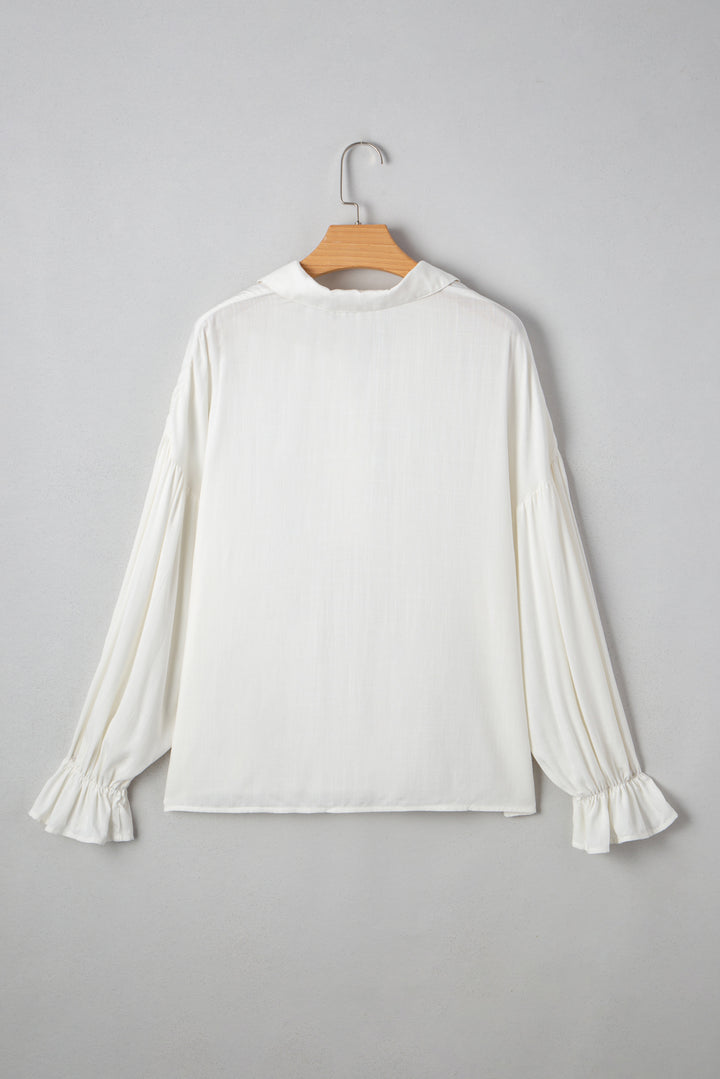 White Ruffle Elastic Cuffs Puffy Long Sleeve Button Down Shirt