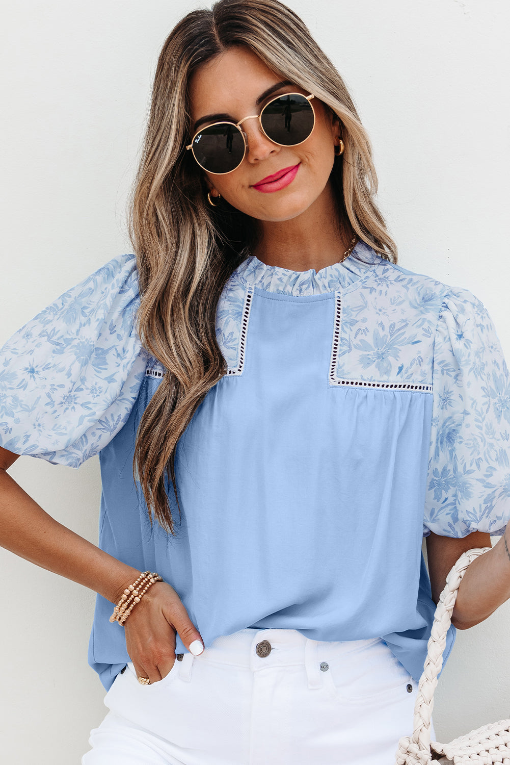 lace insert floral puff sleeve patchwork loose blouse