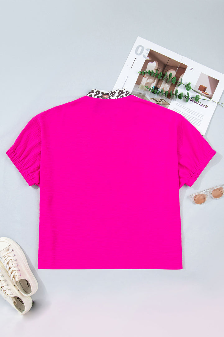 Rose Red Leopard Accent Notched Neck Plus Size Short Sleeve Top