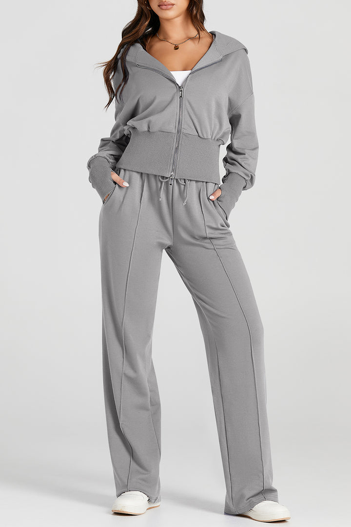 Gray Double Zipper Hooded Jacket and Sweatpants Active Set