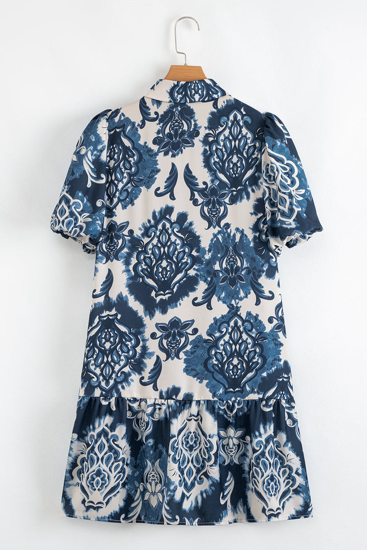 boho floral print buttoned collared loose fit mini dress