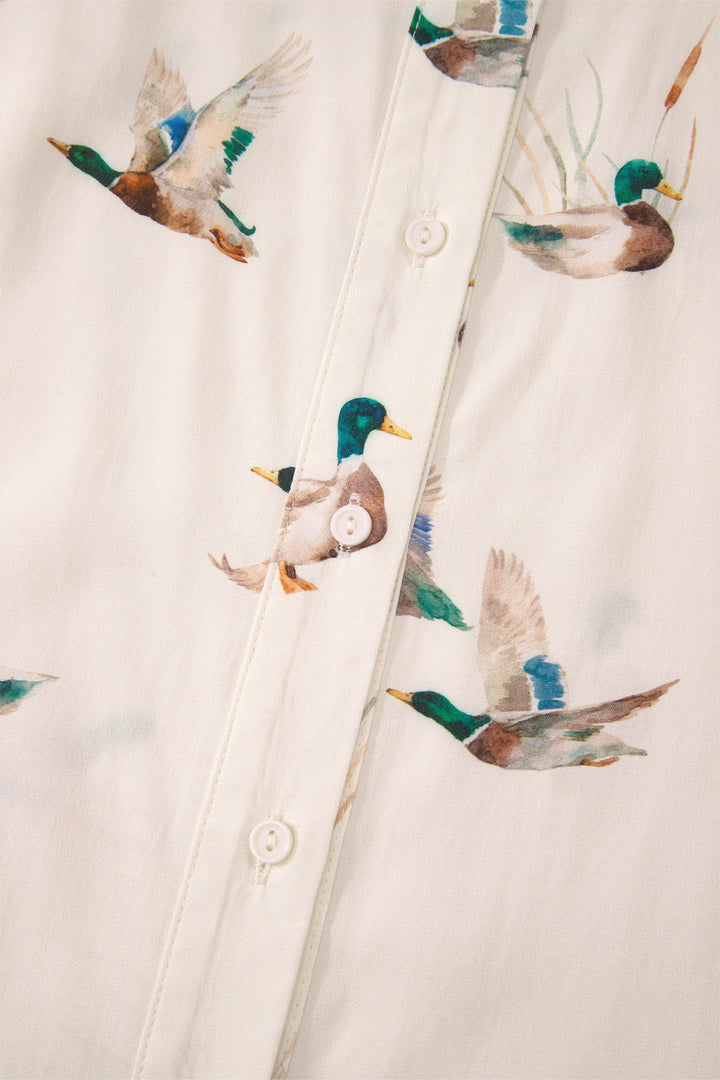 Beige Mallard Print Shirt Style Short Two Piece Set