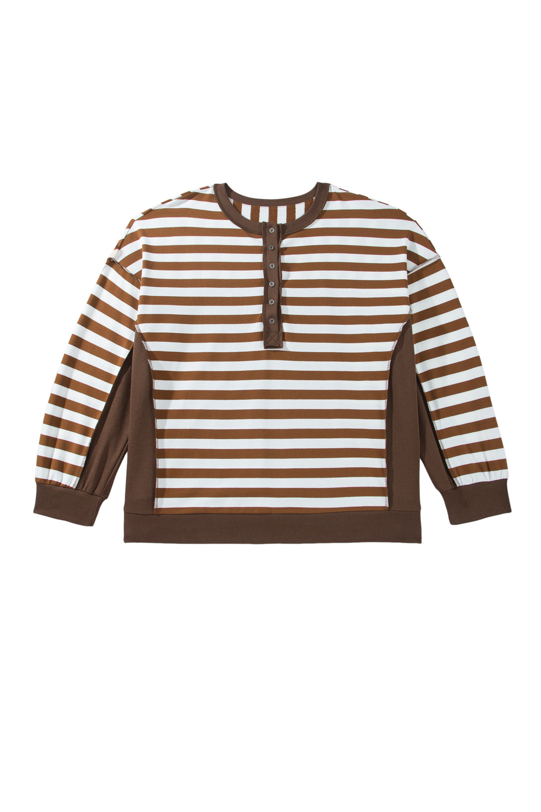 Khaki Stripe Striped V-Neck Button Tunic Ribbed Cuffs Long Sleeve Plus Size Sweatshirt