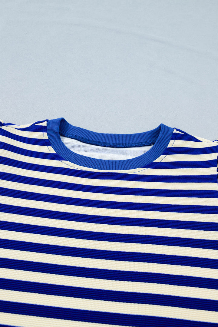 Blue Stripe Contrast Trim Cap Sleeve Top Casual Shorts 2pcs Set