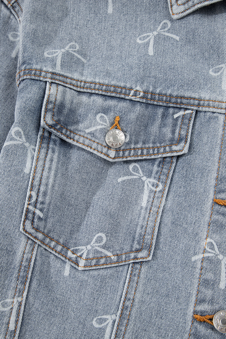 Bow Knot Print Light Wash Raw Hem Denim Jacket